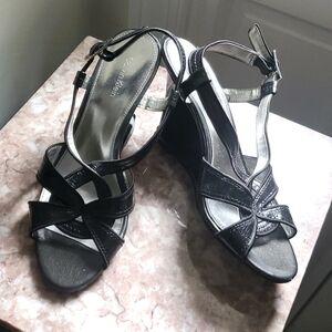 Calvin Klein strappy patent leather wedge heel